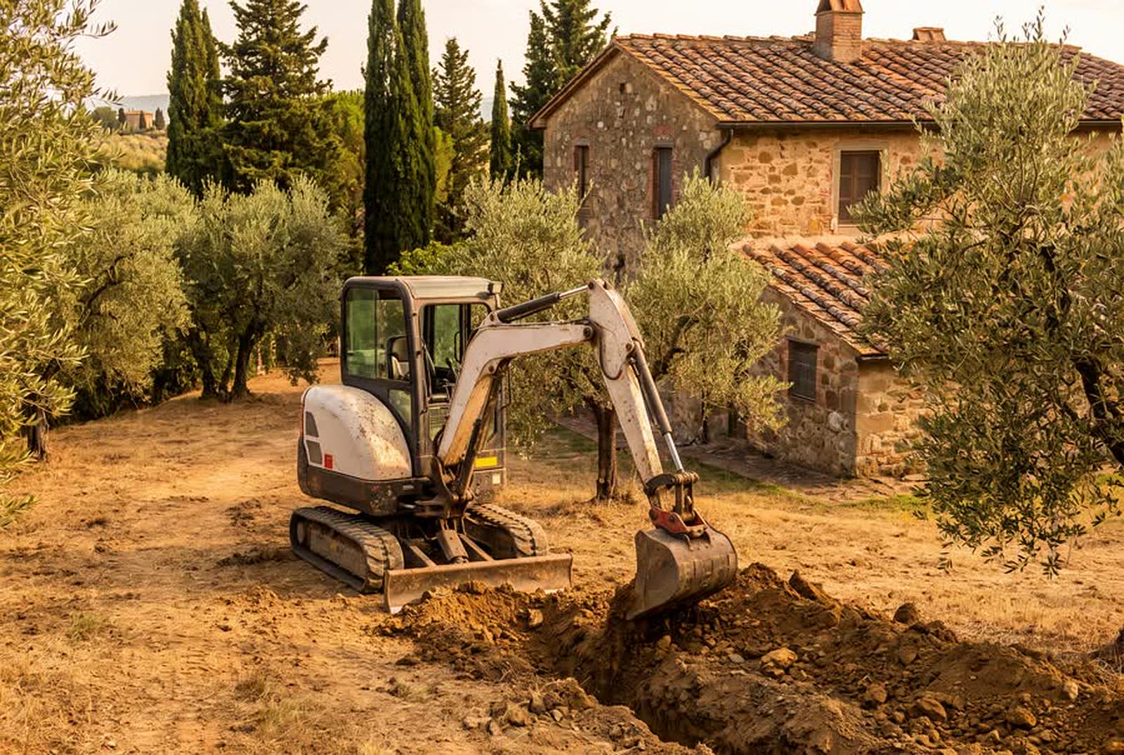 Miniescavatore cingolato che scava una trincea nel giardino di un casale in pietra