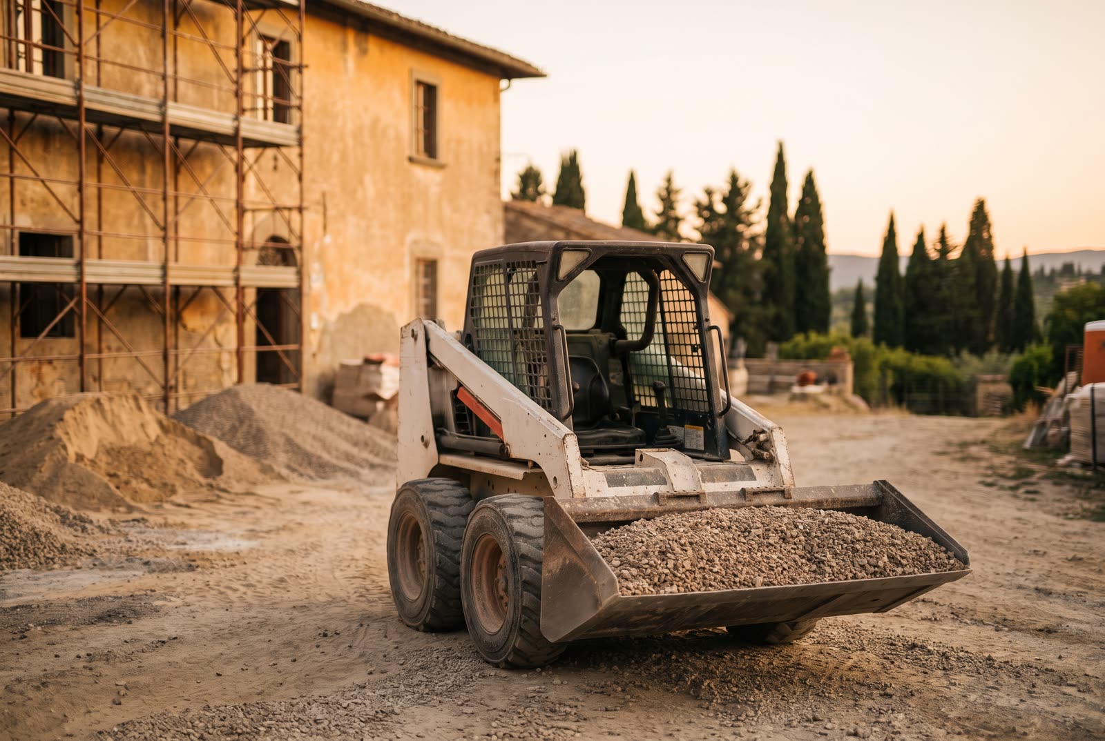 Pala compatta skid steer con benna al lavoro in un cantiere stretto