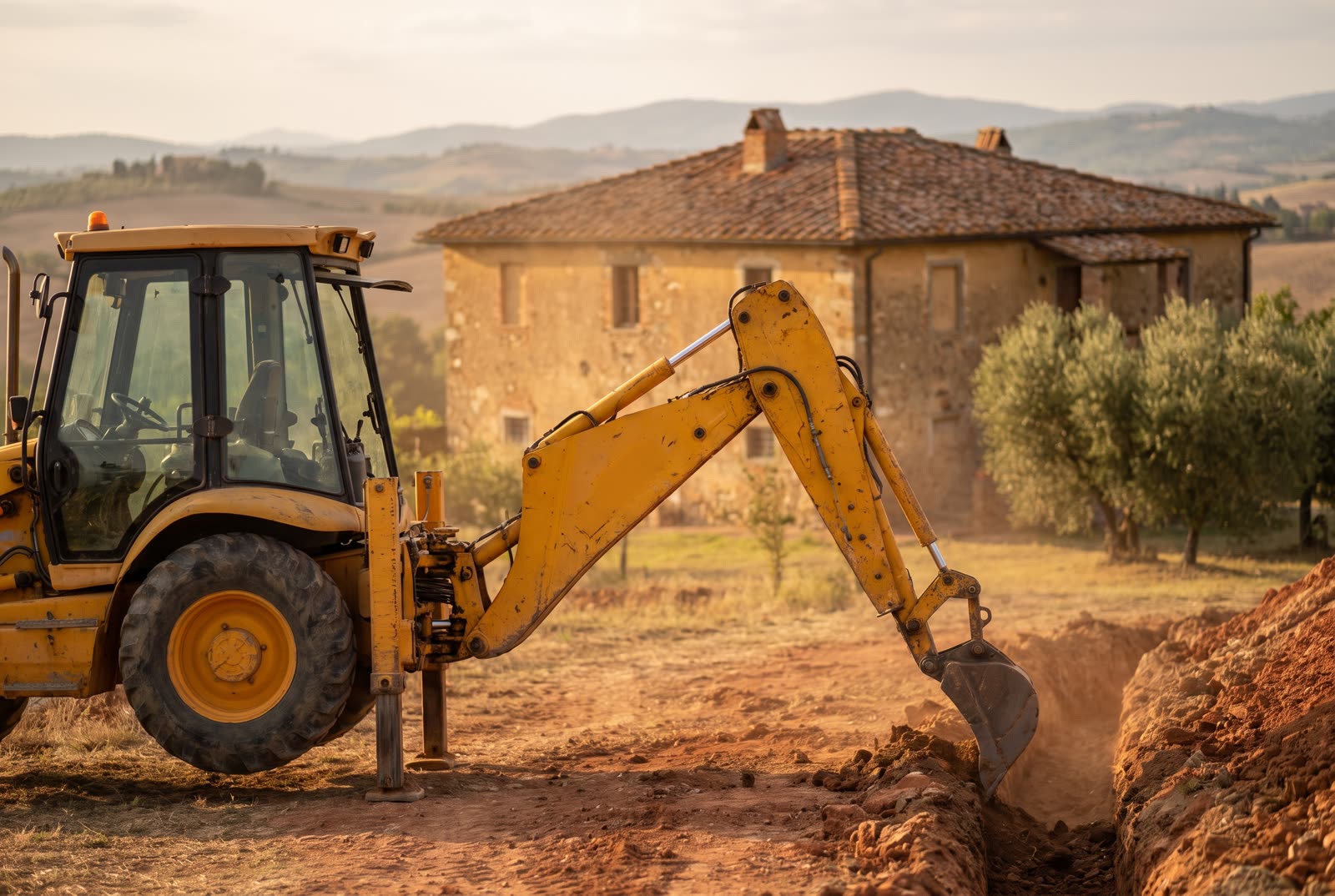 Terna gommata con pala caricatrice anteriore e braccio di scavo posteriore in cantiere